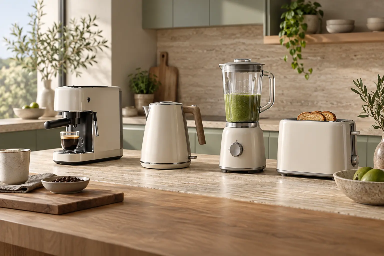 Small kitchen appliances in a warm contemporary kitchen