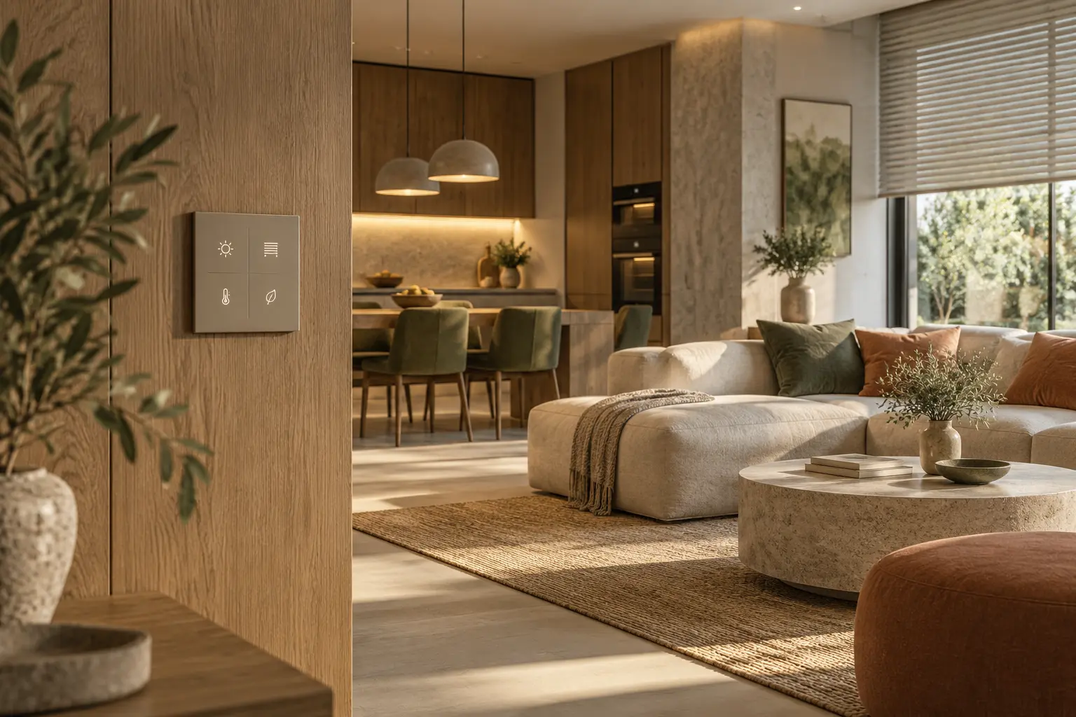 Smart-home controls integrated into a warm interior